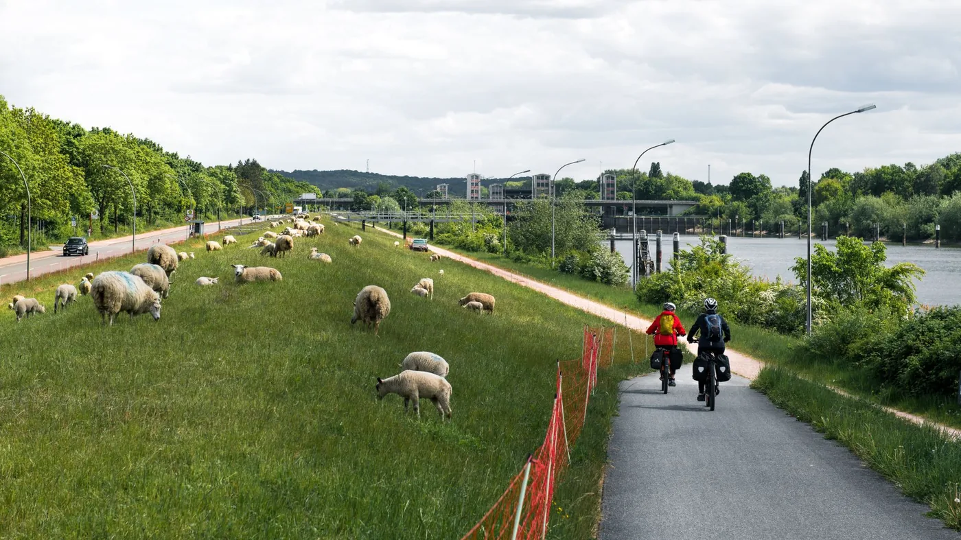 Cyklisté na cyklostezce podél řeky.